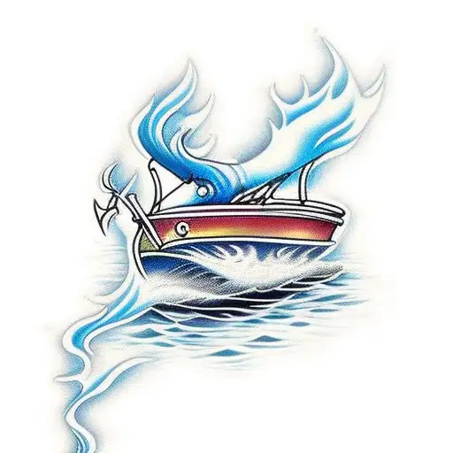 small fishing boat on fire. movement on the water behind it shows it is still moving tattoo design idea
