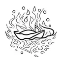 small fishing boat on fire. movement on the water behind it shows it is still moving tattoo design idea