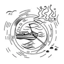 small fishing boat on fire. movement on the water behind it shows it is still moving tattoo design idea