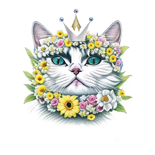 A yellow and white cat wearing a crown of flowers tattoo design idea