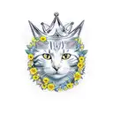 A yellow and white cat wearing a crown of flowers tattoo design idea