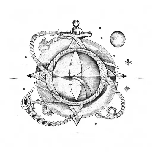 moon phases, ship, anchor with rope or chain, nautical map tattoo design idea