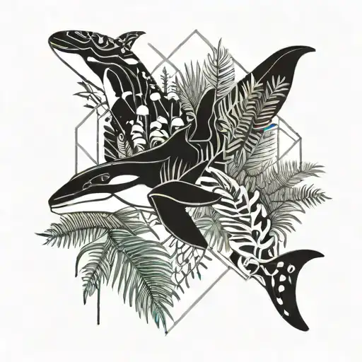 fern with palms and killer whale tattoo design idea