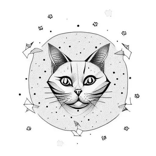 A minimalist tattoo of a cat sitting on a cloud with stars all around tattoo design idea