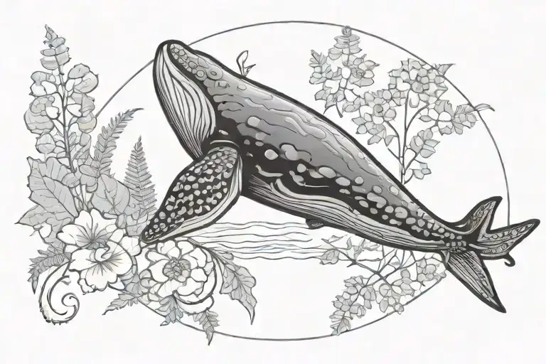 arched gray whale in crescent shape surrounded by delicate, fine line redwood leaves, ferns, and California poppies. tattoo design idea