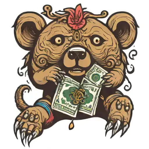 bear with "x eyes" hold a bag of money  tattoo design idea