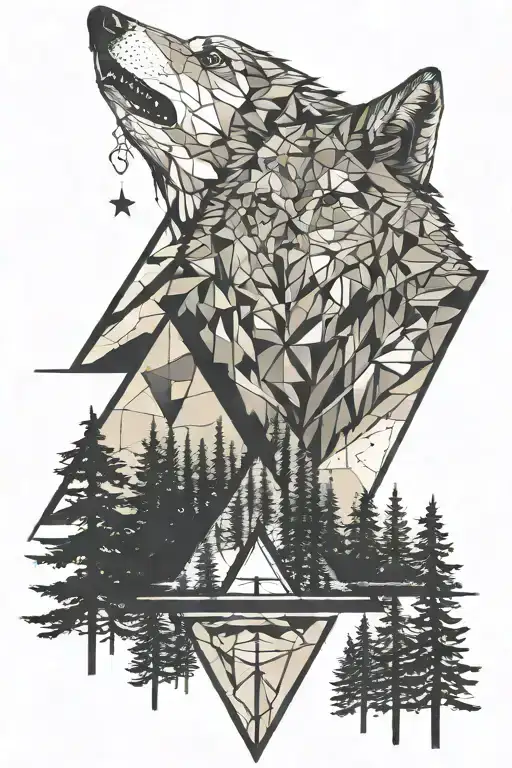 geometric wolf over pine trees coming from an unclosed upside down triangle with the moon above the wolf tattoo design idea
