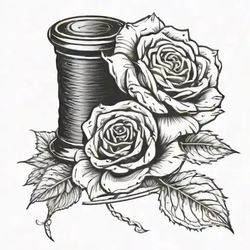 A tailor's thimble near a needle and thread, placed next to two roses. Not in color.        tattoo design idea