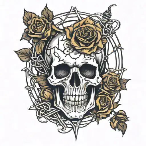 a skull surrounded by roses and barbed wire  tattoo design idea