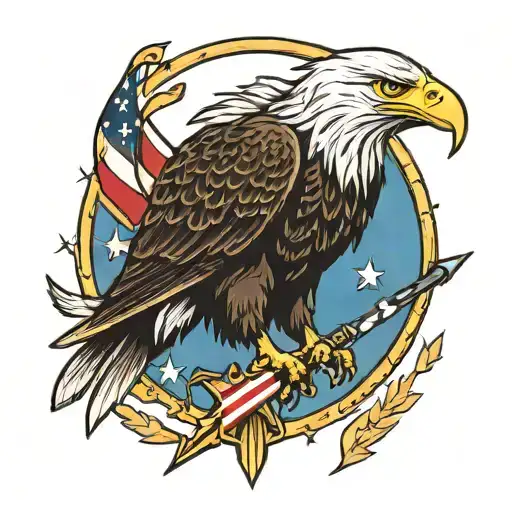 bald eagle with American flag and gold arrows in talons tattoo design idea