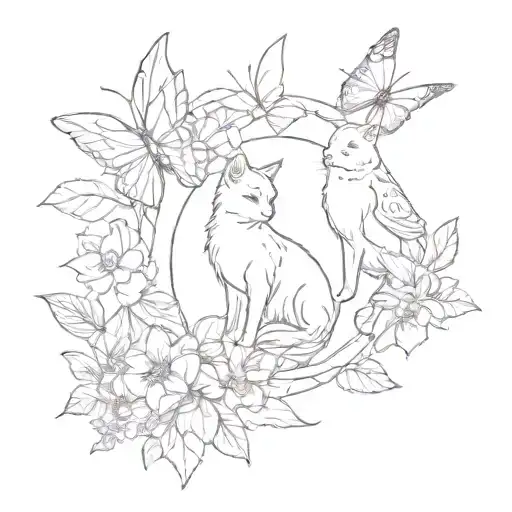 draw me a unique package of mini tattoos with sketches, thin and minimalistic fine lines, cat birds, butterflies, bows,  tattoo design idea