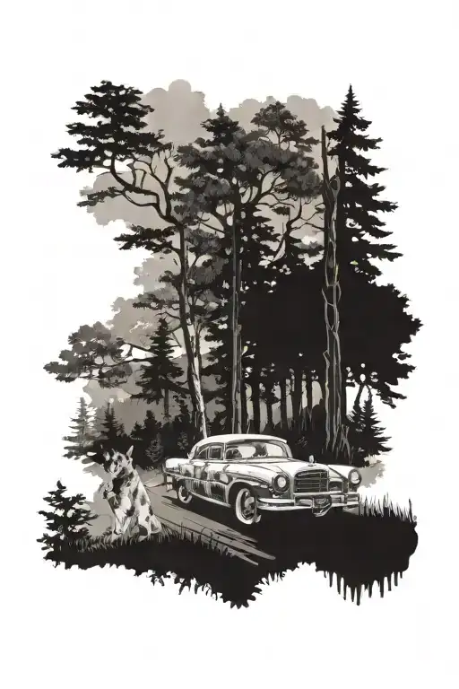 A dotwork tattoo of a vintage car driving through a forest with a loyal dog in the passenger seat, capturing the client's love for driving, dogs, and the great outdoors tattoo design idea