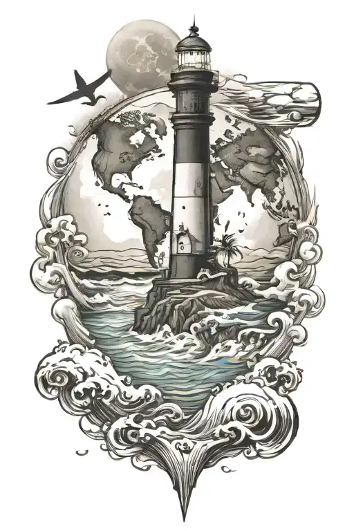 world's map surf lighthouse moon island tattoo design idea
