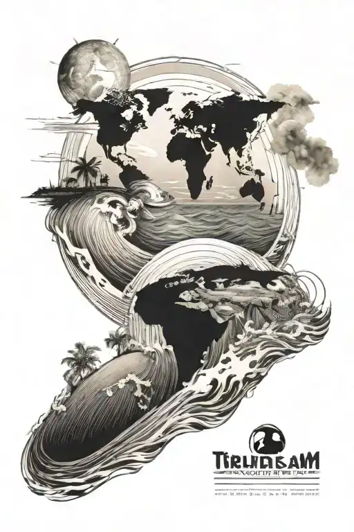 world's map surf lanscape sun moon rising tattoo design idea