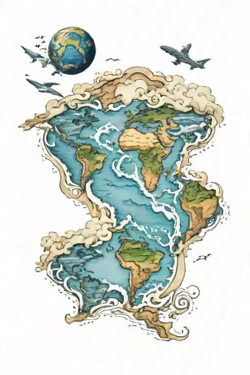 world's map surf planet earth tattoo design idea