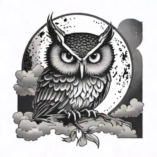 owl on the ground. full moon with clouds.  tattoo design idea