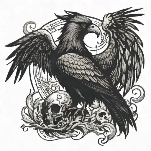 The phoenix rising from the black raven. The bird has an eye in one paw and a skull in the other. tattoo design idea