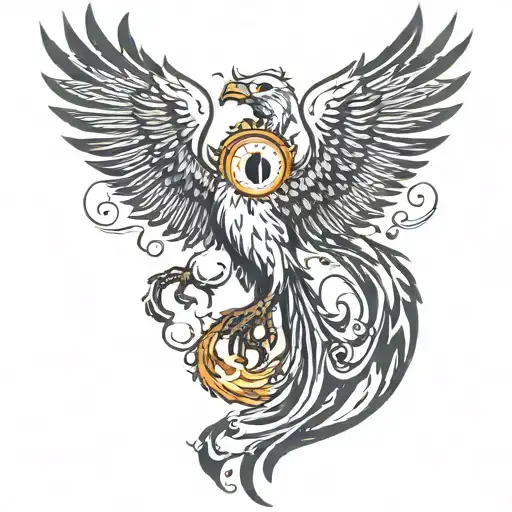 A phoenix rising from a black raven, with an eye in one paw and a skull in the other tattoo design idea