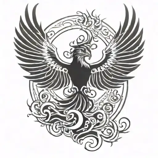 A phoenix descending from a raven with an eye in one paw and a skull in the other tattoo design idea