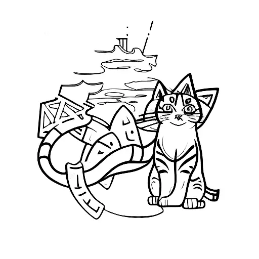 An anime-inspired minimalistic tattoo of a cat exploring a futuristic cityscape tattoo design idea