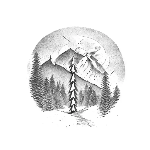 A forest path leading towards a mountain, with a wolf standing at the crossroads tattoo design idea