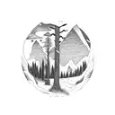 A forest path leading towards a mountain, with a wolf standing at the crossroads tattoo design idea