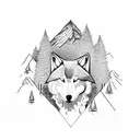 A forest path leading towards a mountain, with a wolf standing at the crossroads tattoo design idea