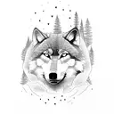 A forest path leading towards a mountain, with a wolf standing at the crossroads tattoo design idea