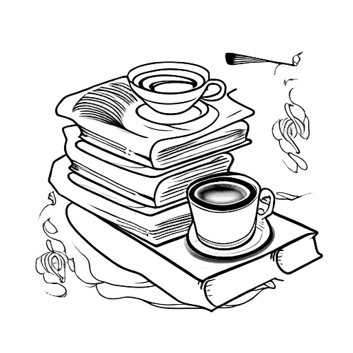 A stack of books with a paintbrush and a cup of coffee on top tattoo design idea