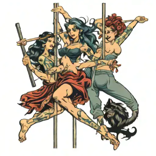 four people pole dancing tattoo design idea