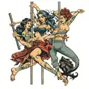 four people pole dancing tattoo design idea