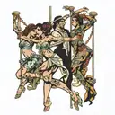 four people pole dancing tattoo design idea