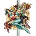 four people pole dancing tattoo design idea