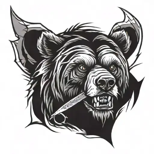 angry muscled bear with machete tattoo design idea