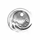 masculine crescent moon with ocean wave tattoo design idea