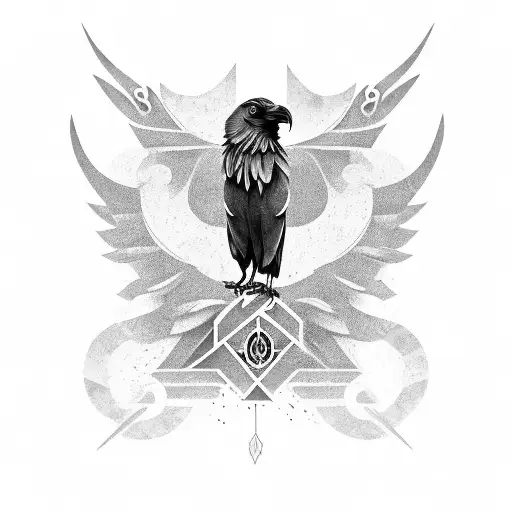 A black and grey tattoo featuring an abstract combination of architectural elements, money symbols, and motivational phrases, all intertwined with a raven's silhouette. tattoo design idea
