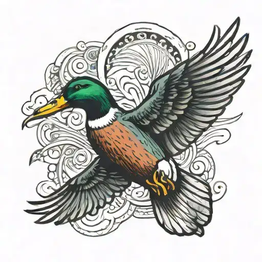 Mallard duck flying tattoo design idea
