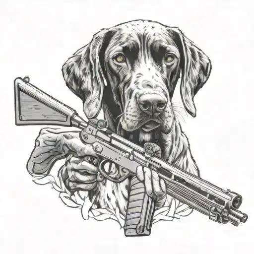 A blackwork tattoo of a German shorthair pointer with a hunting rifle in its mouth tattoo design idea