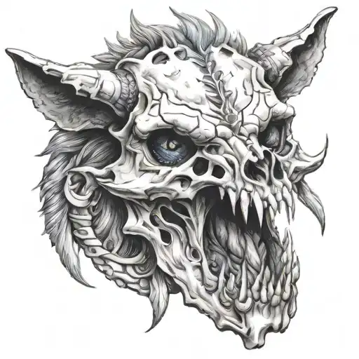 design for the width on a wolf skull with goat horns coming out  tattoo design idea