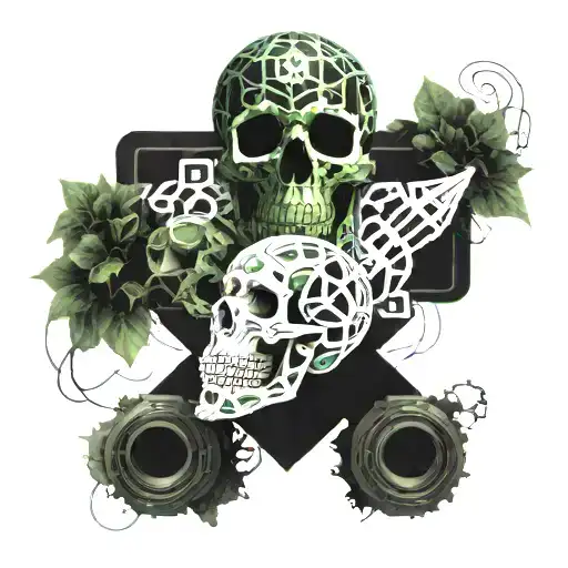 skull, vines on the sides, 2 artillery shells in the back tattoo design idea