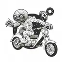 A futuristic scene of an E.T. riding a three-wheeled motorcycle through outer space tattoo design idea