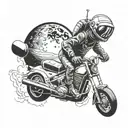 A futuristic scene of an E.T. riding a three-wheeled motorcycle through outer space tattoo design idea