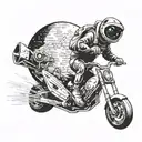 A futuristic scene of an E.T. riding a three-wheeled motorcycle through outer space tattoo design idea