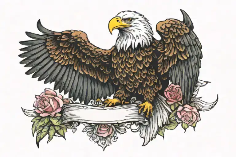 bald eagle flying and roses with banner wrapped tattoo design idea
