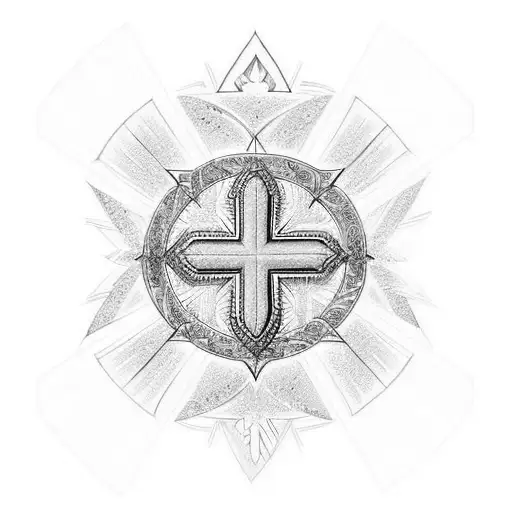 Highly Detailed Infinity Cross in The Center with Wings on Each Side of Cross & Beautiful Bright Godly Sunrays Shining I tattoo design idea