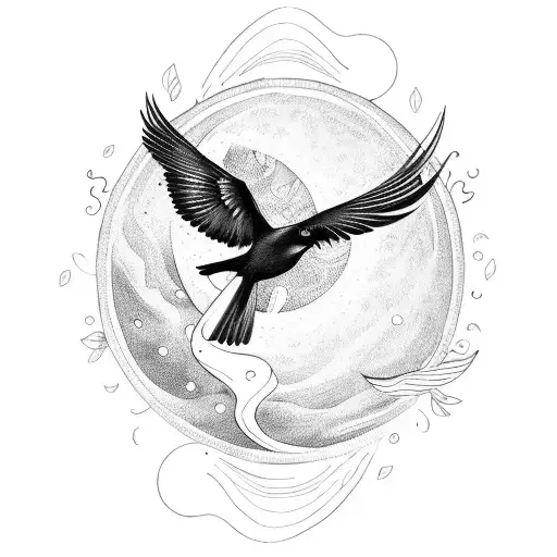 A majestic black bird perched on a crescent moon, surrounded by swirling leaves and butterflies in a mystical forest tattoo design idea