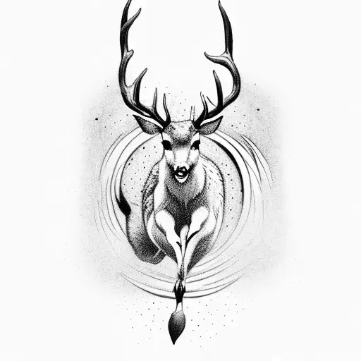 An ethereal scene of a sweet deer gracefully leaping over a moonlit forest, with delicate black and grey details tattoo design idea