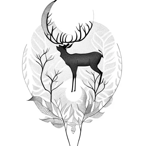 A captivating blackwork design featuring a majestic deer with antlers adorned with delicate leaves, standing proudly in a mystical forest with a crescent moon shining above tattoo design idea