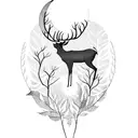 A captivating blackwork design featuring a majestic deer with antlers adorned with delicate leaves, standing proudly in a mystical forest with a crescent moon shining above tattoo design idea