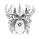A captivating blackwork design featuring a majestic deer with antlers adorned with delicate leaves, standing proudly in a mystical forest with a crescent moon shining above tattoo design idea
